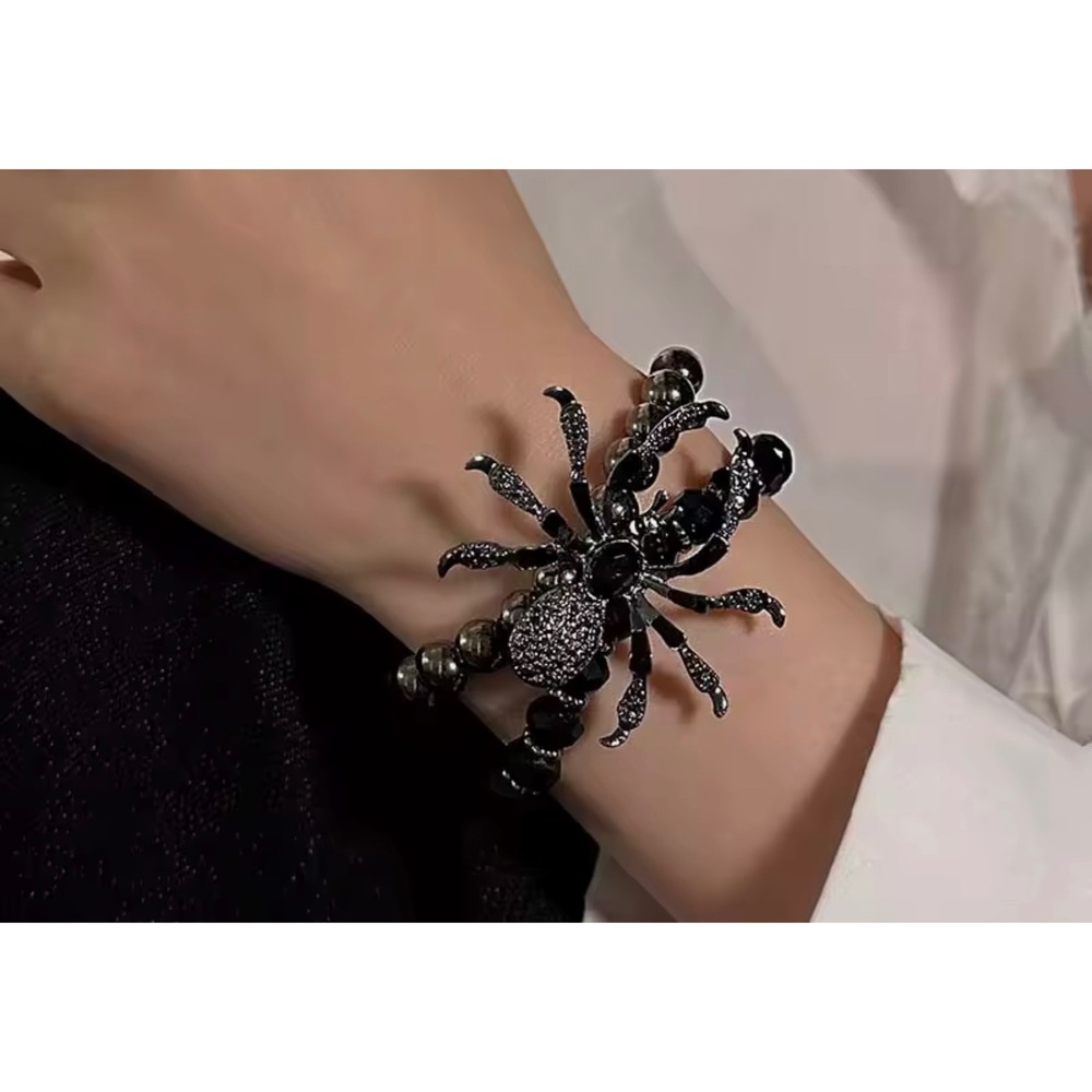 Spider Charm Beaded Stretch Bracelet Black Silver Rhinestone Gothic Jewelry